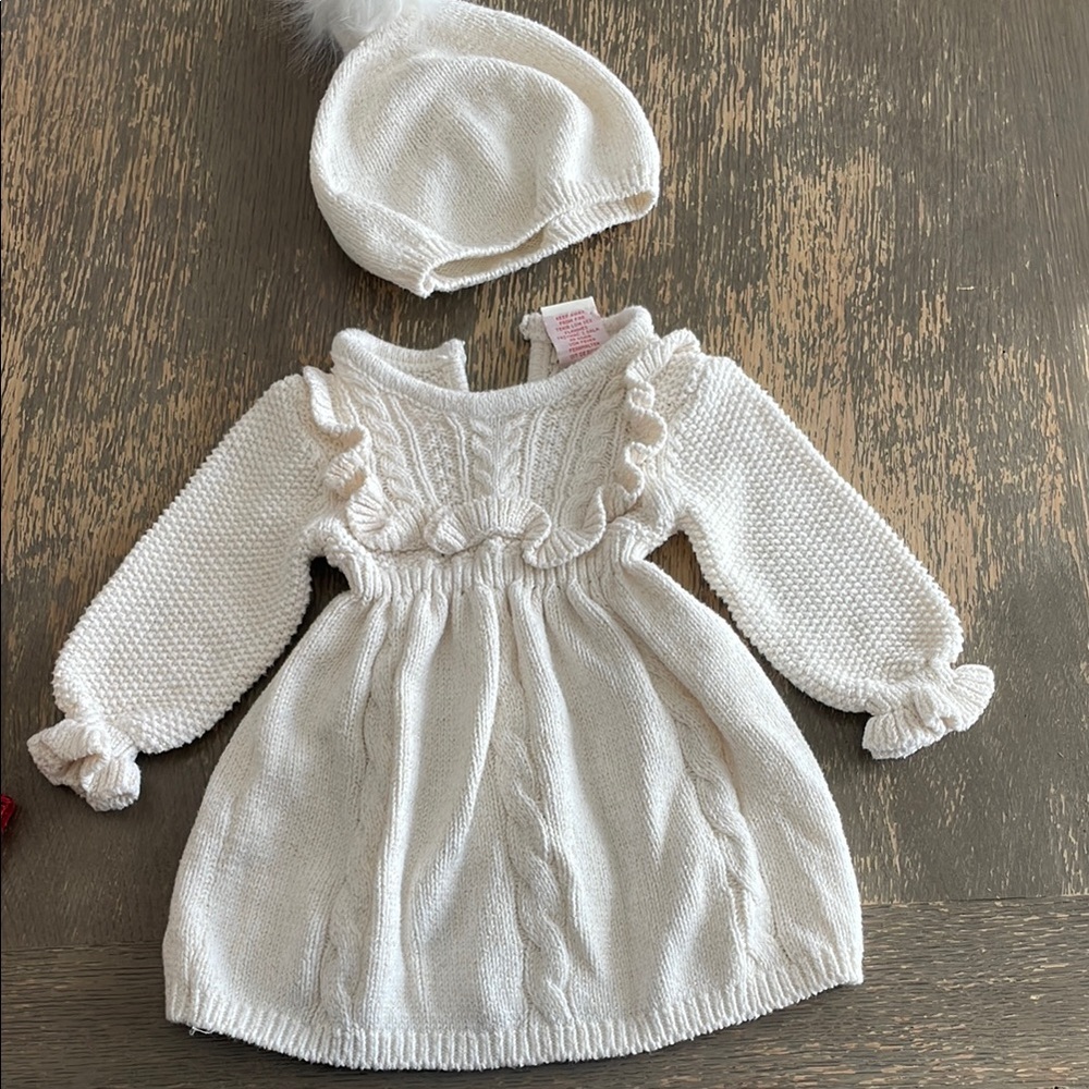 Cream Knit Dress & Hat Set 0–3M – Excellent Condition
